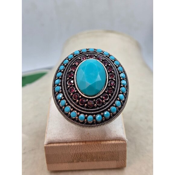 Vintage Faux Turquoise & Red Rhinestone Accent Stretch Ring - Picture 5 of 5